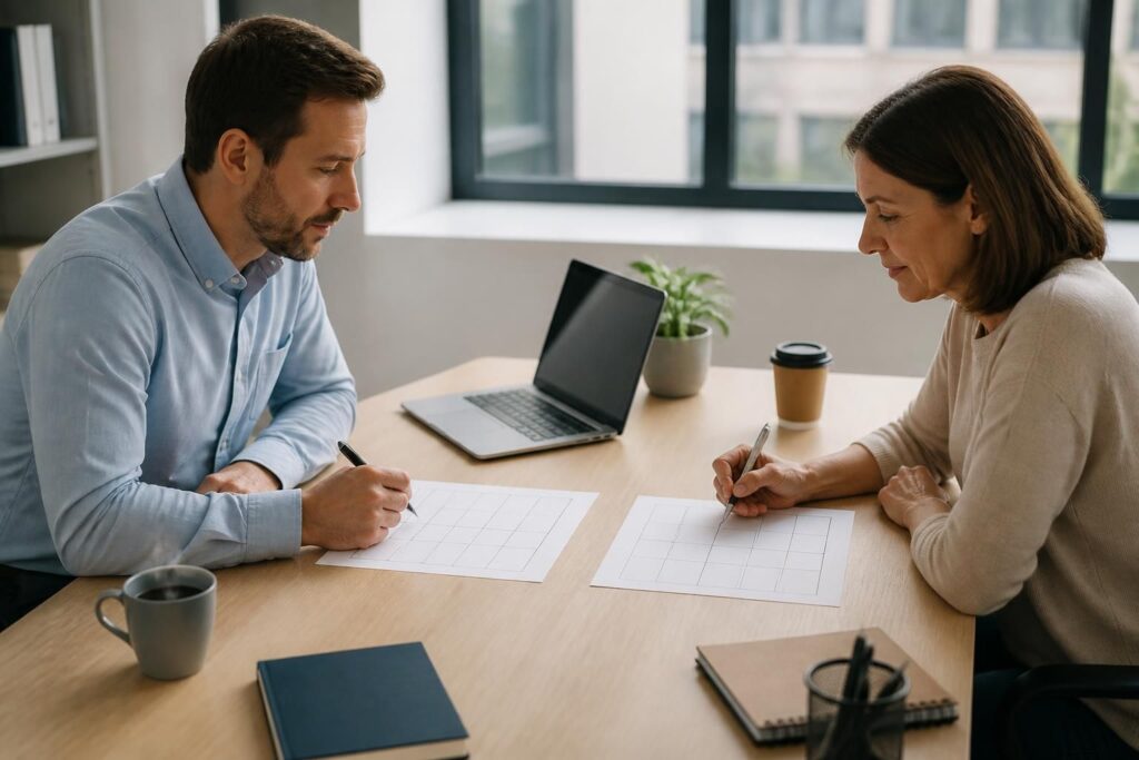 découvrez une matrice complète à remplir lors de l'entretien annuel, conçue pour être complétée à la fois par le manager et le salarié, facilitant un échange structuré et efficace.
